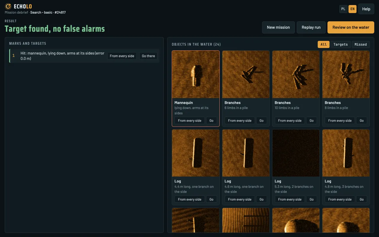Mission debrief screen: heading “Target found, no false alarms”, mark 1 as a hit on the mannequin, and a grid of object thumbnails: mannequin, branches, logs