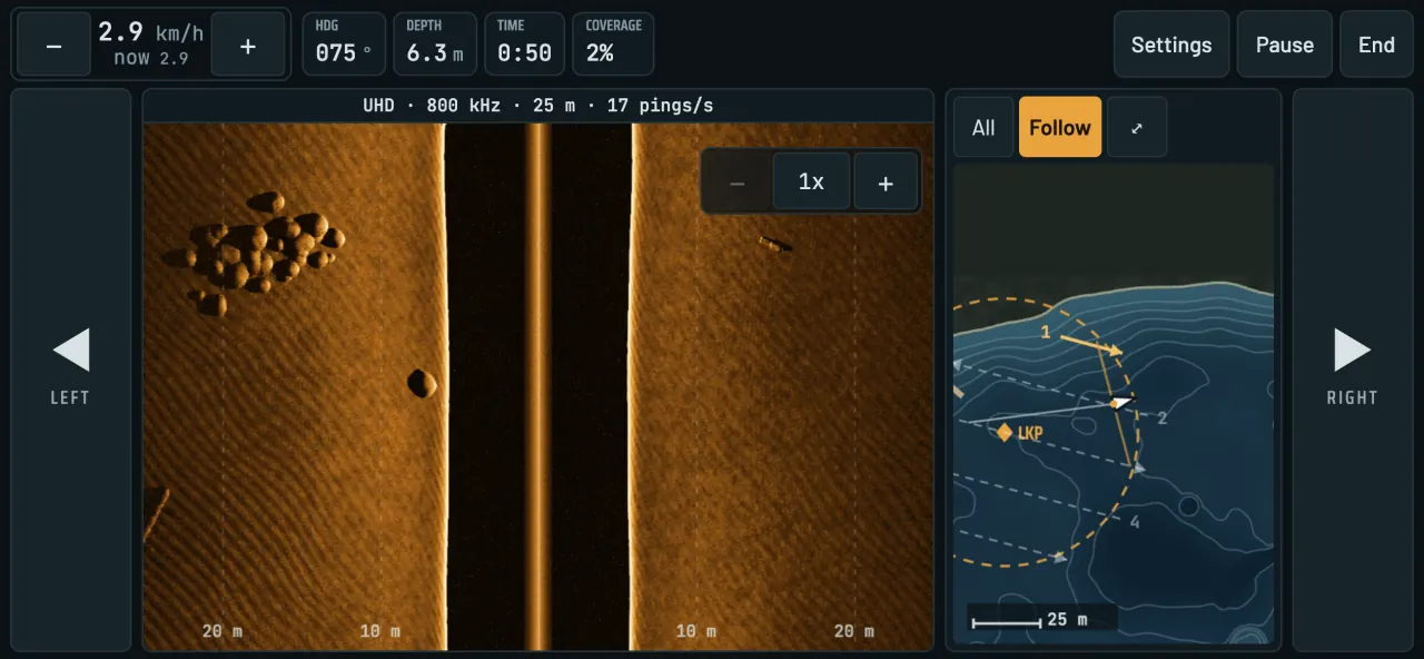 Echolo on a phone: sonar image in the middle, large helm buttons on both sides, speed, heading, depth, time and coverage along the top, map on the right